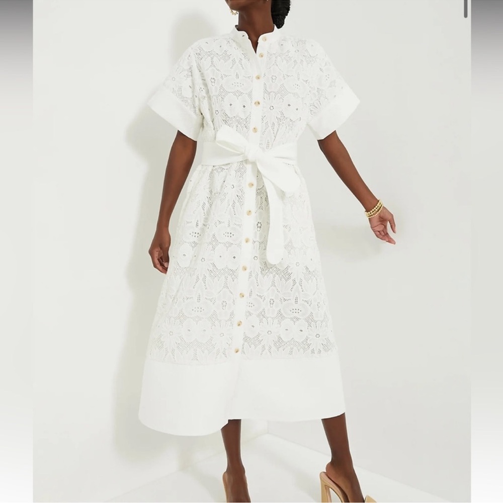 Tuckernuck White Lace Midi Shirt Dress with Tie Waist XL